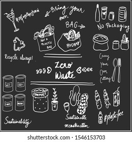 Chalkboard-style line drawing of vector illustrations for zero-waste and sustainability