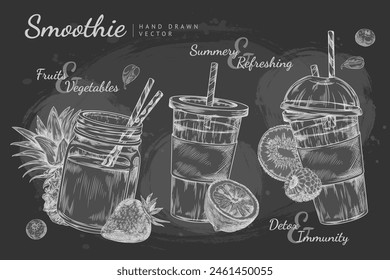 Chalkboard-style vector set featuring smoothie cups with fruits and vegetables, perfect for a refreshing, detox, and immunity-themed design.