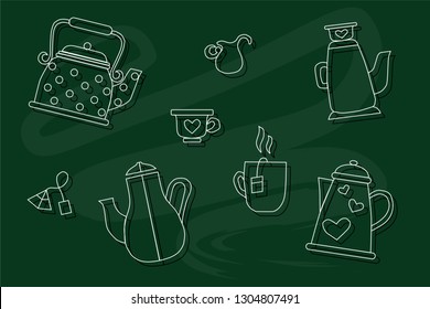 Chalkdrawn cups of tea, kettles.  Logotype, icon, badge, label. Green chalkboard backround. For restaurant poster, signboard, menu. Flatlay style. Tea icons.