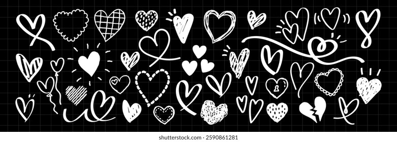 Chalk-drawn hearts in various styles on a black background. Doodles of hearts, swirls, and arrows. Playful heart sketches for creative designs. Hand drawn Valentine's Day vector set.