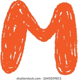 A chalk-drawn letter M on a textured background in a playful style. The alphabet character appears bold with rough edges and a hand-drawn feel. Cartoon vector illustration.