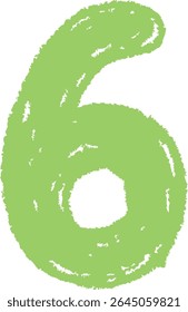 A chalk-drawn number six on a textured background in a cartoon style. The numeral six appears with rough edges and a hand-drawn look on a board surface. Cartoon vector illustration.