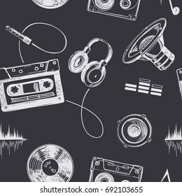 Chalk-drawn Seamless Pattern with Audio Equipment and Music Accessories