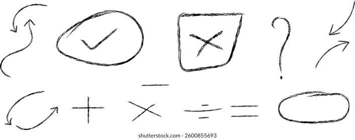 Chalked arrows and frames in grunge manner for web or infographic design. Hand drawn black charcoal symbols, curved arrows, swirls, crosses, circles and check, Group of chalked arrows and frames.
