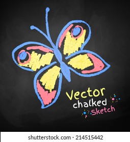 Chalked childlike drawing of butterfly. Vector illustration.