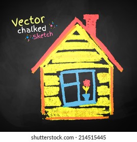 Chalked childlike drawing of house. Vector illustration.
