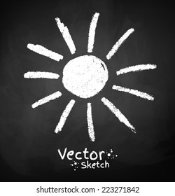 Chalked childlike drawing of sun. Vector illustration. Isolated.