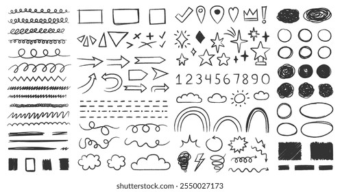 Chalked hand drawn doodles, scribbles and sketch elements - arrows, lines, stars, shapes, clouds, circles, numbers and other symbols