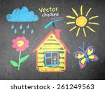 Chalked kids drawing on asphalt background. Vector illustration.
