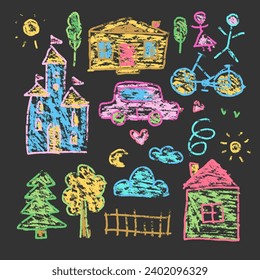 Chalked kids drawing on asphalt background. Textured rough Vector illustration. Cute houses, castle, humans and trees