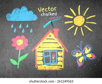 Chalked kids drawing on asphalt background. Vector illustration.