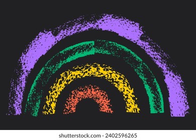 arco iris marcado. Símbolo de carbón de color dibujado a mano. Dibujo del marcador de grunge del doodle vectorial. Diversas calamares curvadas, giran a mano libre sobre fondo negro