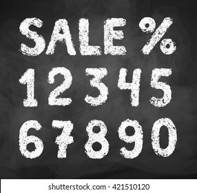 Chalked vector grunge collection of numbers, percent and sale word on black chalkboard background.