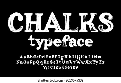 Chalks alphabet font. Handwritten uppercase and lowercase letters, numbers and symbols. Stock vector typeface for your typography design.