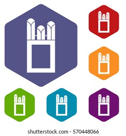 Chalks in carton box icons set rhombus in different colors isolated on white background