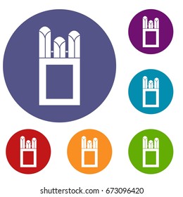 Chalks in carton box icons set in flat circle reb, blue and green color for web