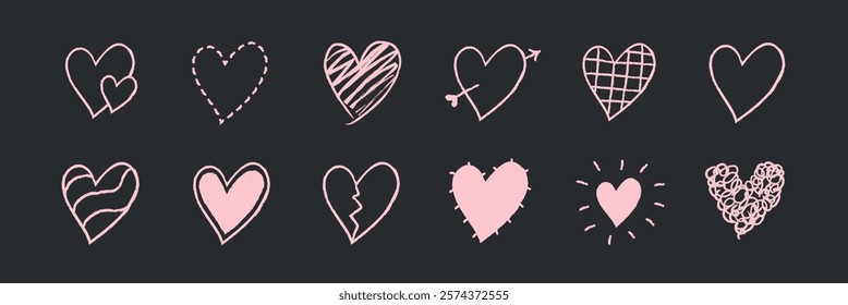 Chalk-style heart illustrations on a dark background. Various heart designs include arrows, broken hearts, and textured hearts. Perfect for love-themed projects. Cute hand drawn love doodle,. Vectors.