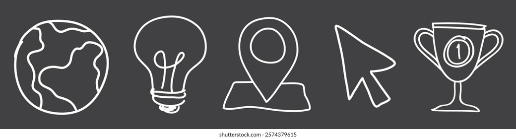 Chalk-style icons: globe, lightbulb, map pin, cursor, trophy. Earth, ideas, location, navigation, and achievement symbols in white on dark background. Hand drawn business elements, vector set.