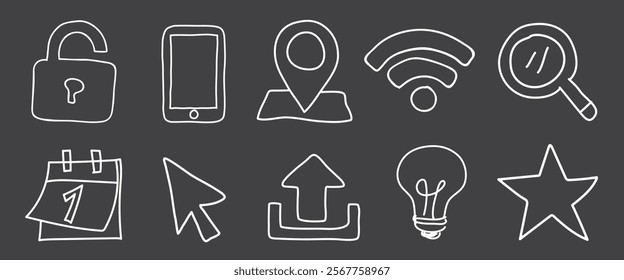 Chalk-style icons on a dark background. Includes lock, phone, location, Wi-Fi, magnifying glass, calendar, cursor, upload, lightbulb, and star icons. Hand drawn business elements, vector set.