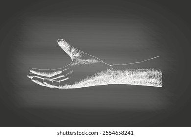 Chalk-style sketch of outstretched hand on chalkboard. Concept of giving, offering, support. Element in vintage engraving style for charity or human connection. Vector illustration of hatch drawing