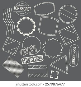 Chalk-style stamp designs featuring 'Top Secret' and 'Approved' labels. Includes various shapes like circles, triangles, and rectangles. Perfect for creative projects. Vintage stamps, vector set.