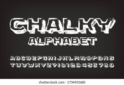 Chalky alphabet font. Hand drawn wide letters, numbers and symbols. Stock vector typescript for your design.