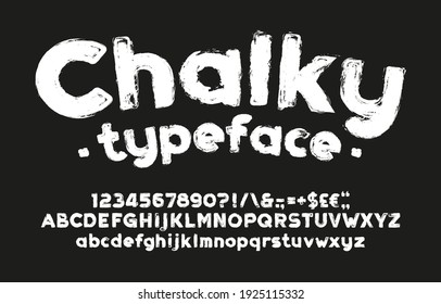 Chalky alphabet font. Hand drawn uppercase and lowercase letters, numbers and symbols. Stock vector typescript for your design.