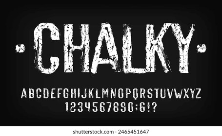 Fuente Chalky del alfabeto. Dibujado a mano letras y números vintage. Vector de archivo de texto para su diseño.