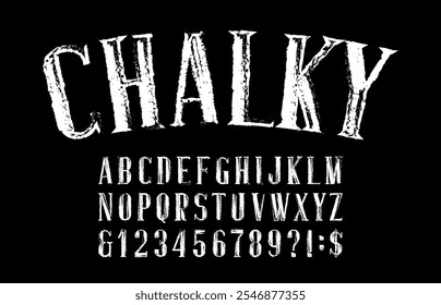 Chalky alphabet font. Messy vintage serif letters and numbers. Stock vector typescript for your design.