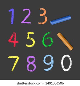 Chalky Numbers of one to zero, chalk texture on dark background, vector Eps 10 illustration