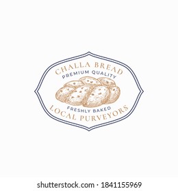 Challa Bread Frame Badge or Logo Template. Hand Drawn Loaf Sketch with Retro Typography and Borders. Vintage Premium Emblem. Isolated.