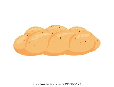 Challah, braid pastry bread from wheat, bakery food. Loaf with poppy. Vector illustration