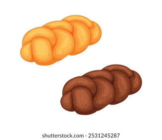 A Challah. El pan está trenzado. Postre de harina dulce. Un bollo de sésamo. La Ilustración vectorial está aislada sobre un fondo blanco.