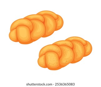 Challah. The bread is braided. Sweet flour dessert. A sesame bun. The vector illustration is isolated on a white background.