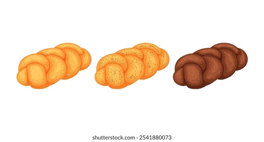 A Challah. El pan está trenzado. Postre de harina dulce. Un bollo de sésamo. La Ilustración vectorial está aislada sobre un fondo blanco.