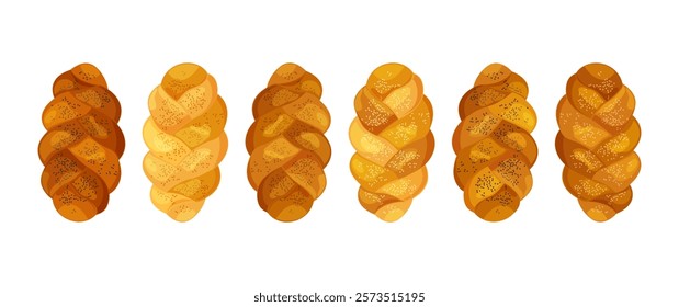 Challah bread icon, Shabbat loaf, Jewish braid brioche, bakery sweet bun isolated on white background. Cartoon vector illustration