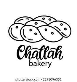 Challah bread line icon logo. Sweet bakery Hand drawn doodle element sketch and lettering word, isolated on white background. Jewish traditional Kosher food outline item. Line art vector illustration