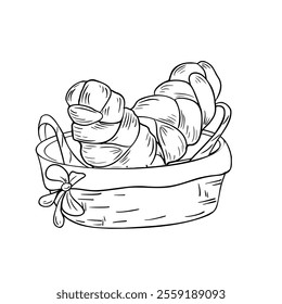 Challah bread in a straw basket black white vector illustration isolated. Hand drawn tradition Jewish bread in contour line art. Several challa. Element for design bakeshop, pastry, cookbook.