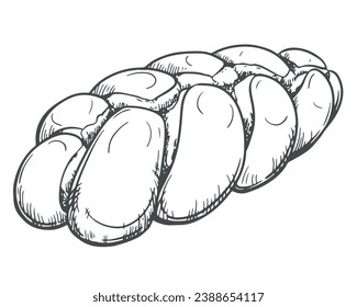 Vector de pan Challah. Elemento de la ceremonia de Shabbat Kiddush. Pan de jalba recién horneado casero trenzado para Shabbat. Esbozo de línea en estilo de grabado.