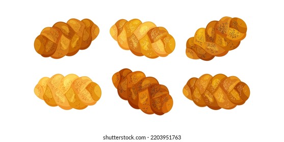 Challah bread vector, shabbat icon, jewish braid brioche, cartoon sweet bun isolated on white background. Bakery illustration