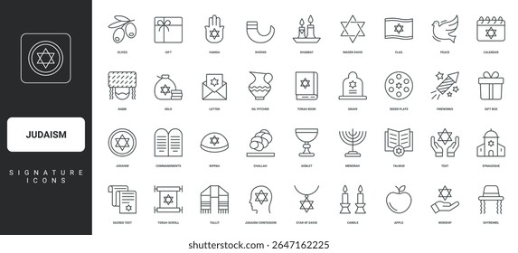Challah e velas para Shabbat, Sukkot e Hanukkah fino preto esboço símbolos ilustração vetorial. Judaísmo, religião judaica e feriados, sinagoga e livro de Torá, conjunto de ícone de linha de menorá.