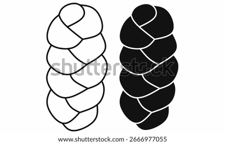 Challah or hallah also known as berches bread icon in outline and silhouette solid style, showing braided loaf with rounded segments, perfect for food, bakery, Jewish tradition, Shabbat, holiday, and 