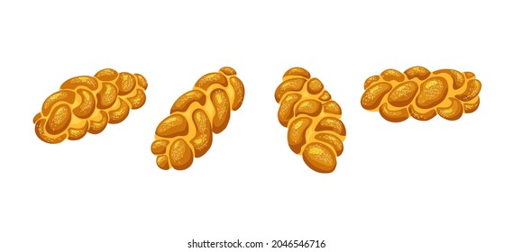 Challah, holiday jewish braided loaf . Saturday bread on a white isolated background. Vector cartoon illustration of food