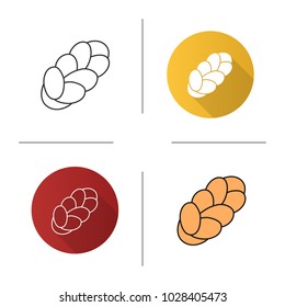 Challah icon. Flat design, linear and color styles. Holiday jewish braided bread. Challot, challos. Isolated vector illustrations