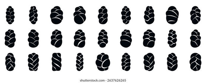  Challah icons set. Challah bread icons set showing traditional braided loaf in various shapes, representing jewish cuisine and sabbath celebrations
