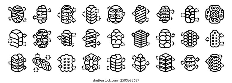 Challah icons set. This icon set showcases various braiding styles of challah bread, a traditional jewish bread often enjoyed during holidays and special occasions