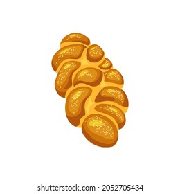 Challah. Saturday bread on isolated background. Holiday jewish braided loaf. Vector cartoon illustration of food.