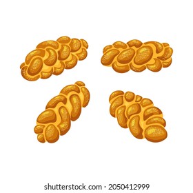 Challah, saturday bread on a white isolated background. Holiday jewish braided loaf . Vector cartoon illustration of food.