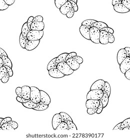 Challah seamless vector pattern. Unleavened Jewish bread, holiday pastries for Shabbat. Fresh egg bun with sesame seeds. Food sketch, line art. Background for menu design, wallpaper, wrapping paper