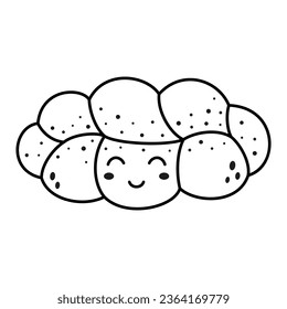 challah, traditional braided bread loaf character, black and while line icon, cartoon vector illustration in flat style